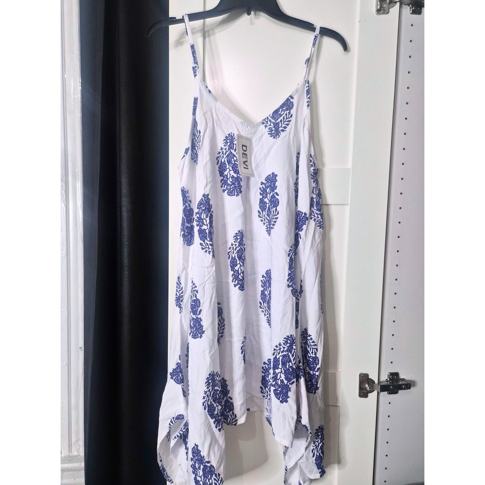 NWT Devi Womens Blue White Floral Block Print Rayon Trapeze Mini Dress Size M